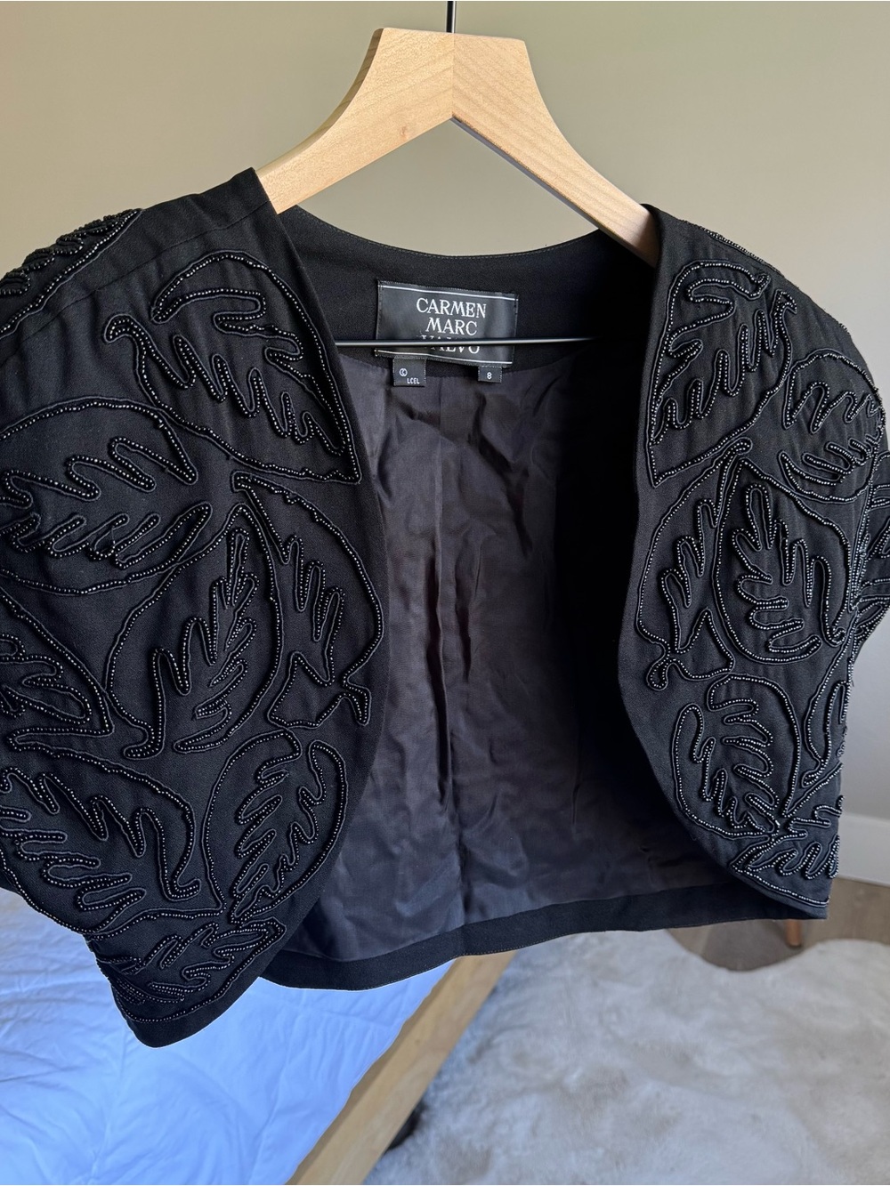 Carmen Marc Valvo Black Beaded Open-Front Shrug